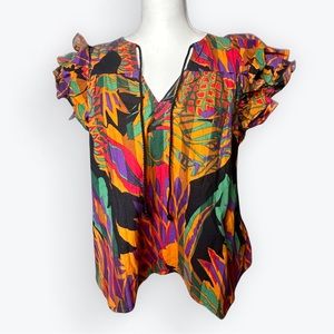 HOUSE OF HARLOW 1960 Short Ruffle Sleeve Meadow Pink Print - Size Medium